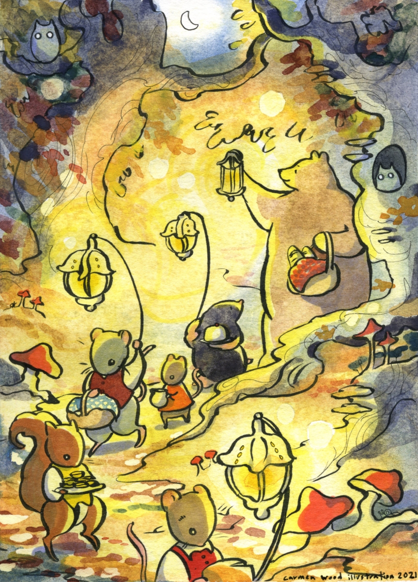 Woodland Critters in a glowing lanternlit forest Carmen Wood Illustration Minneapolis Minnesota comic art graphic novel children's illustration illustrator fantasy art webcomic fantasy magic lbgtquia+ kidlit