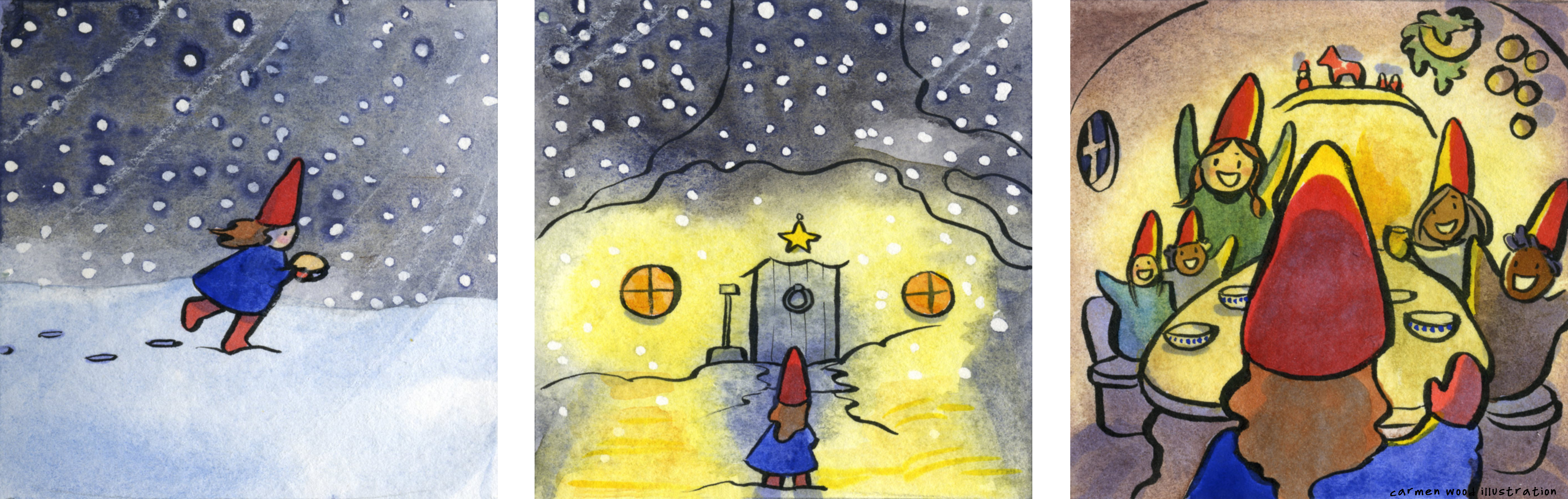 Small gnome trudges through the snow with a pie to a gnome party! Carmen Wood Illustration comic art graphic novel children's illustration illustrator fantasy art webcomic fantasy magic lbgtquia+ kidlit artist